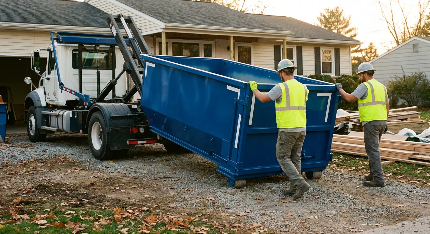 Construction dumpster delivery truck in action in Pensacola, FL