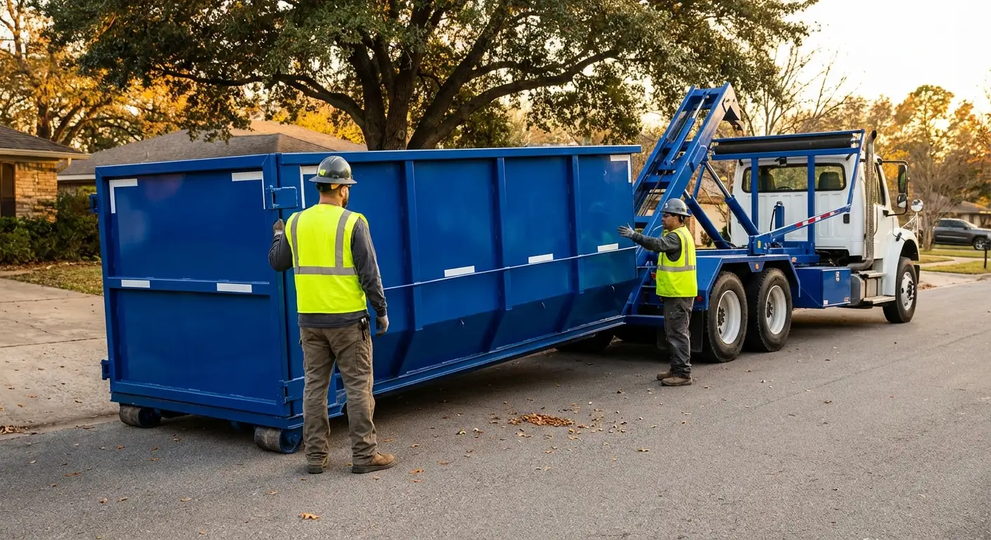 Roll-off dumpster delivery truck in operation in Pensacola, FL