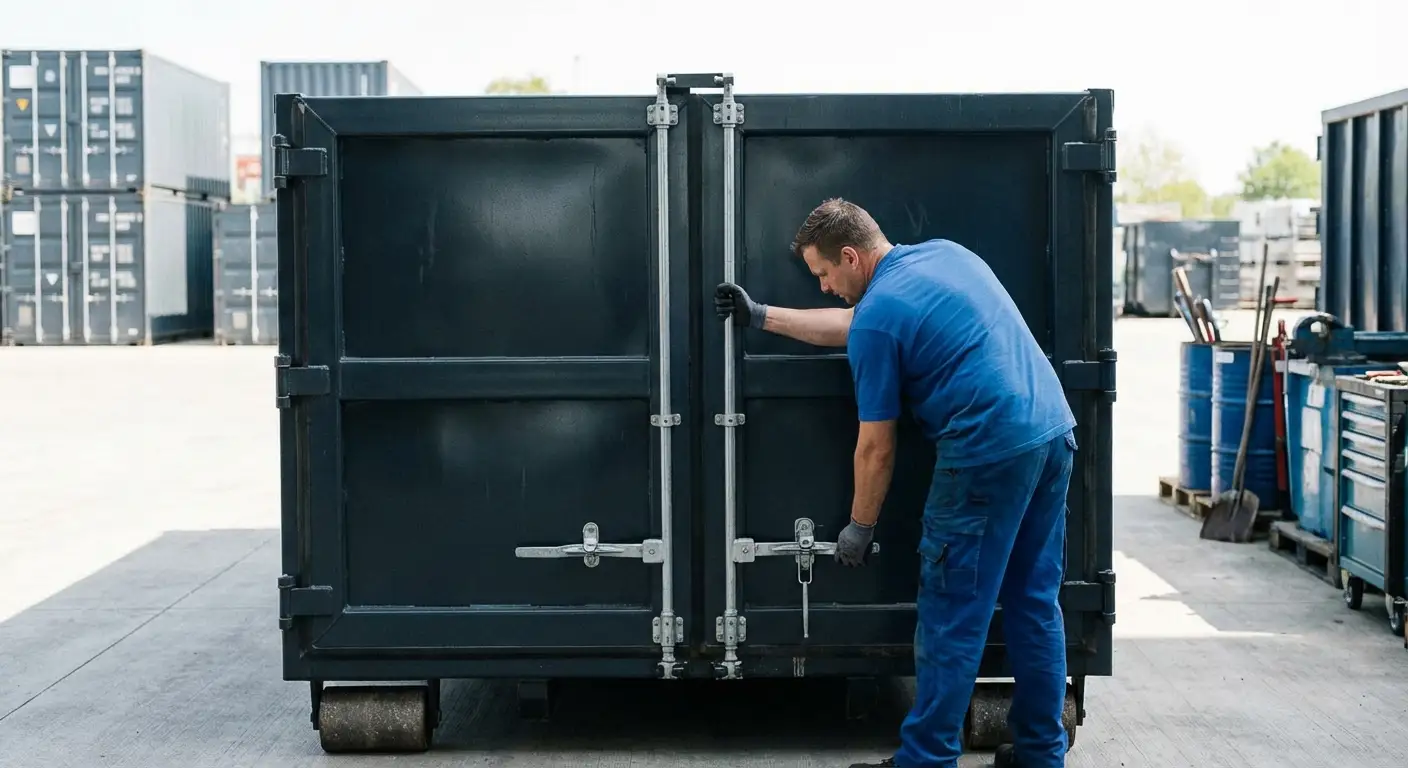 Dumpster walk-in loading door open showing easy access in Pensacola, FL